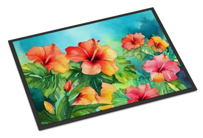 Hawaii Hawaiian Hibiscus in Watercolor Doormat Front Door Mat Indoor Outdoor Rugs for Entryway, Non Slip Washable Low Pile, 24H X 36W